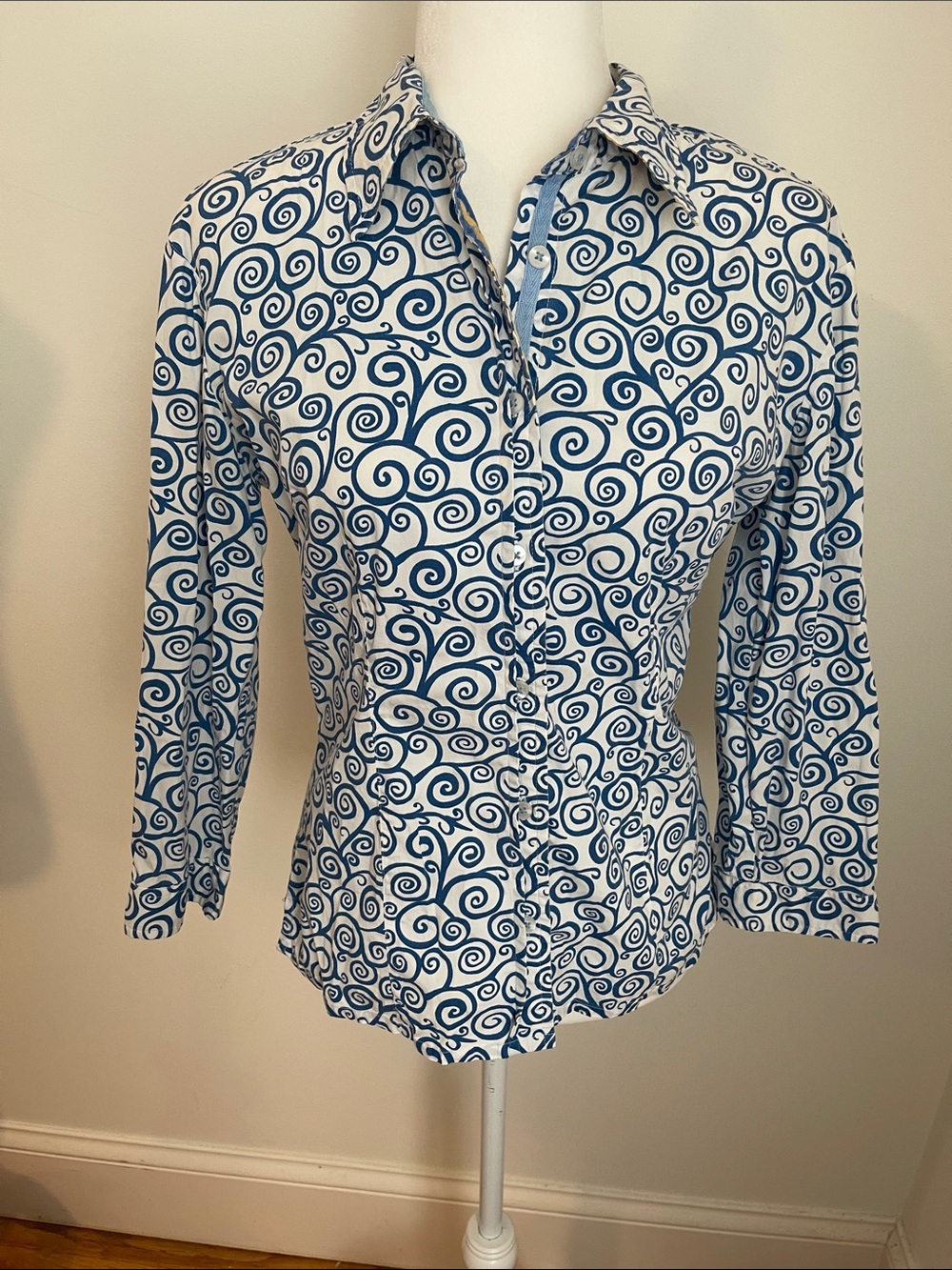 Tizzie Blue & White Swirl Button-down long sleeve Shirt Cotton medium